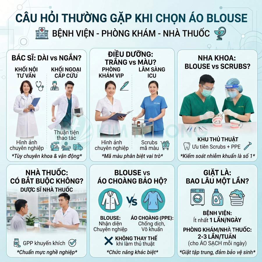 Infographic hướng dẫn chọn áo blouse và scrubs cho bác sĩ, điều dưỡng, nha sĩ và dược sĩ trong bệnh viện, phòng khám, nhà thuốc