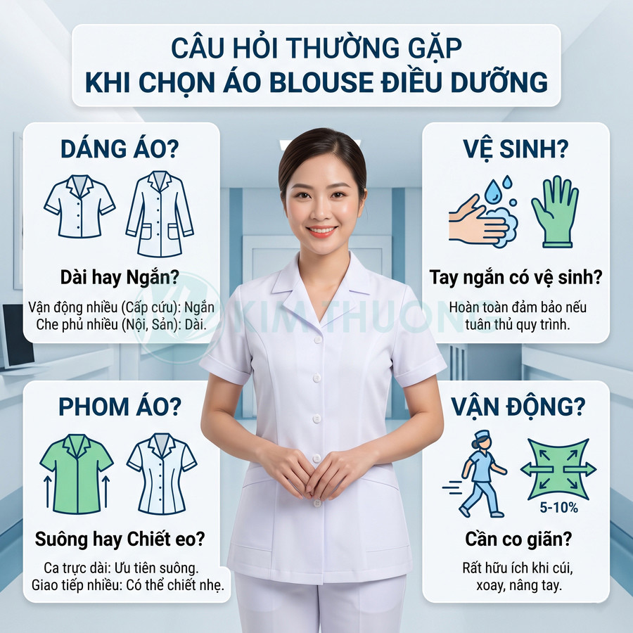 Nữ điều dưỡng mặc áo blouse trắng tay ngắn phom suông đứng trong bệnh viện, giới thiệu các tiêu chí chọn áo điều dưỡng
