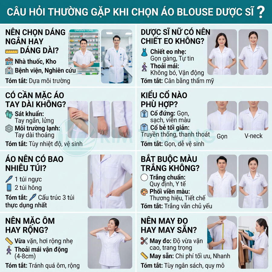 Infographic hướng dẫn chọn áo blouse dược sĩ với nhiều mẫu áo trắng, kiểu dáng và chi tiết thiết kế khác nhau