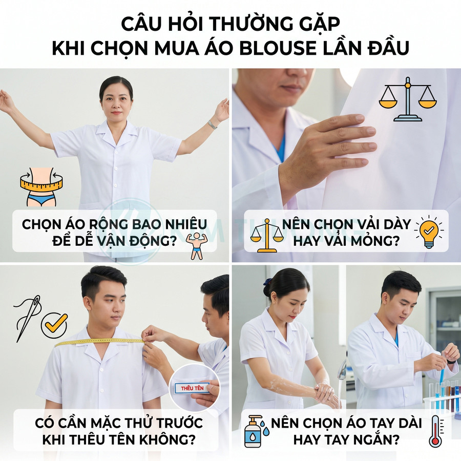 Nhân viên y tế mặc áo blouse trắng đang đo size, chọn chất liệu và kiểu tay áo khi mua áo mới
