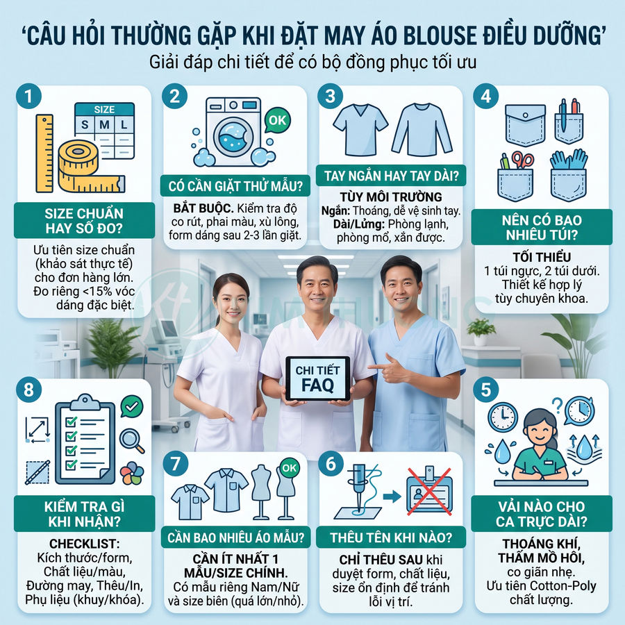 Infographic tư vấn đặt may áo blouse điều dưỡng với hình ảnh bác sĩ y tá mặc đồng phục y tế chuyên nghiệp