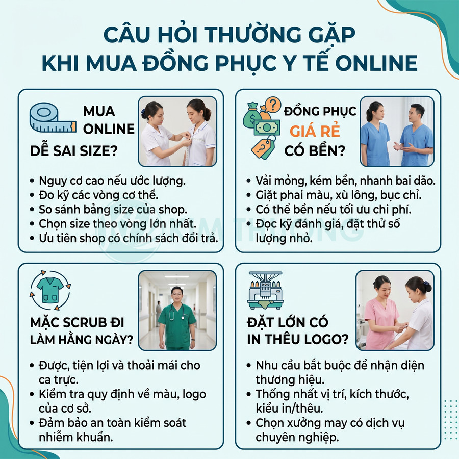 Infographic câu hỏi thường gặp khi mua đồng phục y tế online, hình ảnh nhân viên y tế mặc scrub và áo blouse