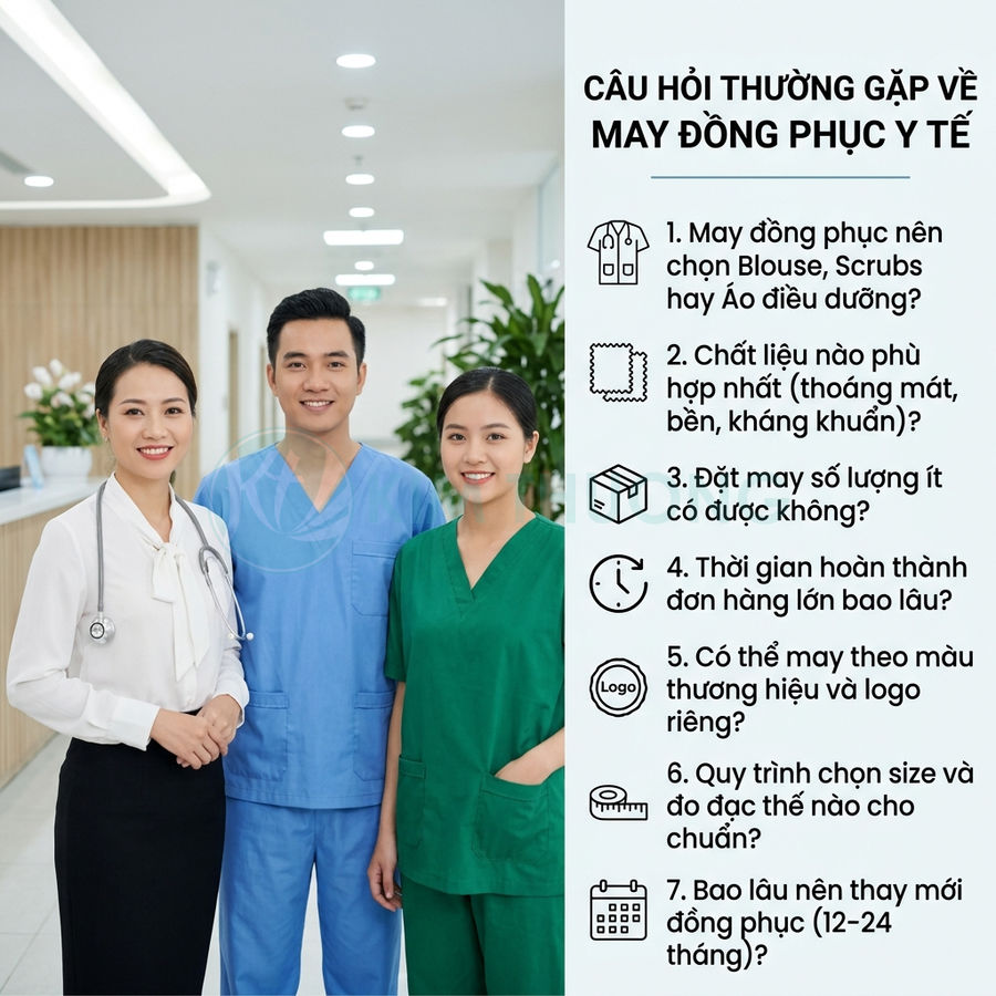 Nhân viên y tế mặc đồng phục blouse trắng, scrubs xanh dương và xanh lá đứng trong bệnh viện cạnh bảng hỏi đáp may đồng phục