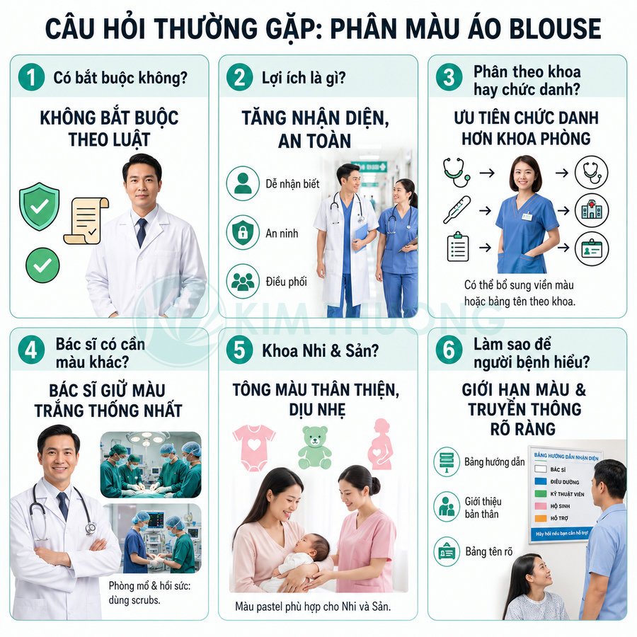 Infographic giải đáp câu hỏi về màu áo blouse bác sĩ, điều dưỡng và nhân viên y tế trong bệnh viện