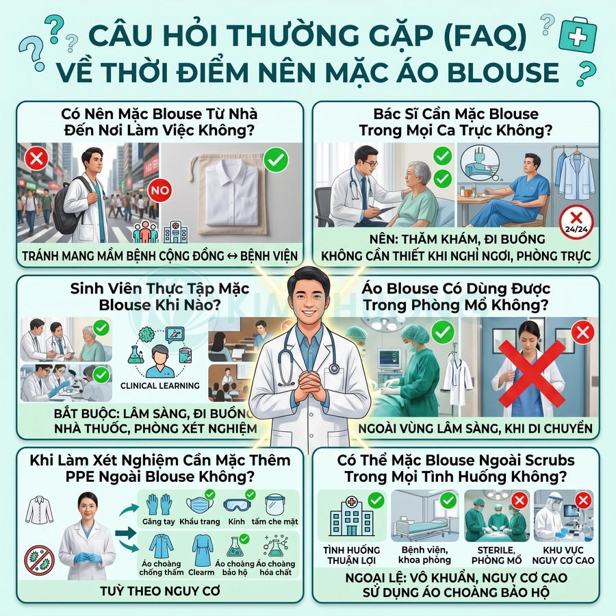 Infographic hướng dẫn bác sĩ sinh viên y khoa thời điểm nên mặc áo blouse và sử dụng thêm đồ bảo hộ PPE