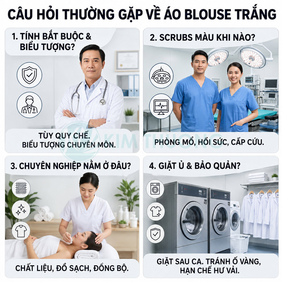 Áo blouse trắng và đồ scrubs y tế xanh dương cho bác sĩ điều dưỡng cùng hướng dẫn giặt ủ bảo quản