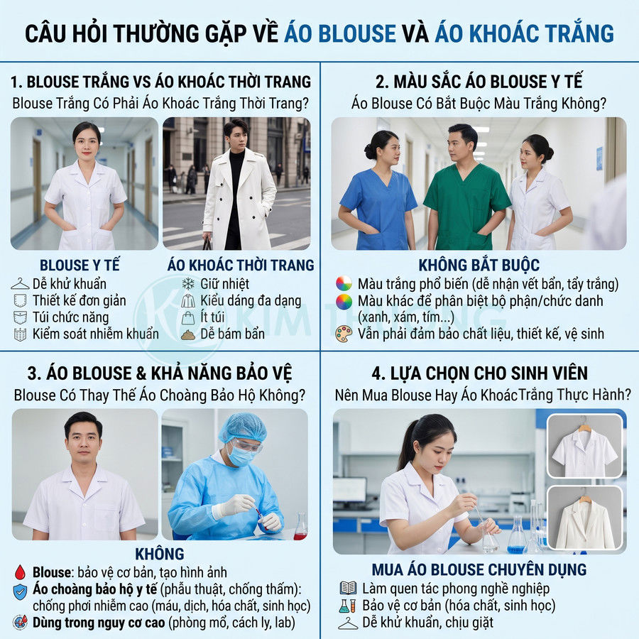 Infographic so sánh áo blouse y tế và áo khoác trắng thời trang, màu sắc, khả năng bảo vệ và lựa chọn cho sinh viên
