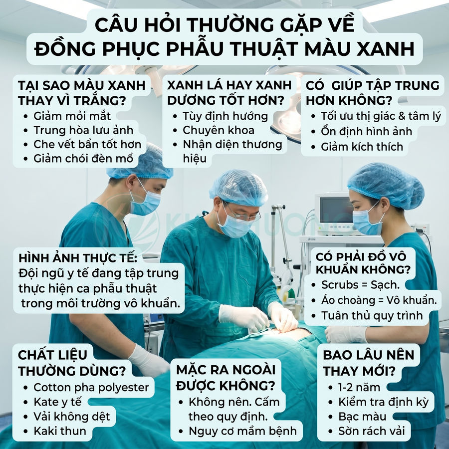 Đội ngũ bác sĩ mặc đồng phục phẫu thuật màu xanh đang thực hiện ca mổ trong phòng mổ vô khuẩn