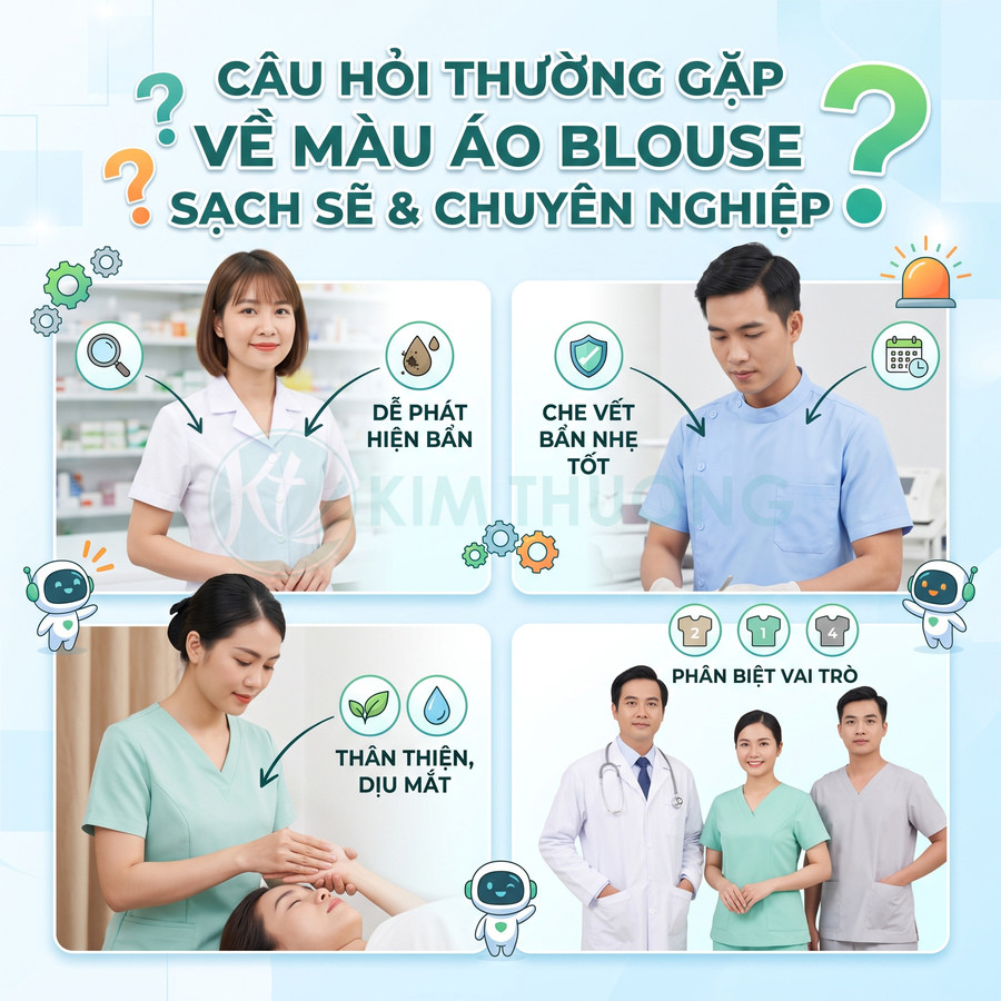 Nhân viên y tế mặc áo blouse trắng xanh và xám minh họa ý nghĩa màu áo trong bệnh viện