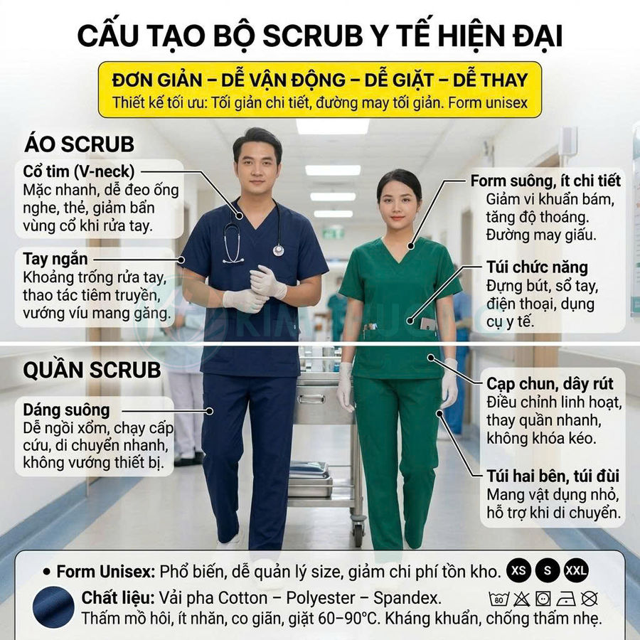 Bộ đồ scrub y tế hiện đại màu xanh navy và xanh lá, form unisex, cổ tim tay ngắn, quần dáng suông có túi tiện dụng