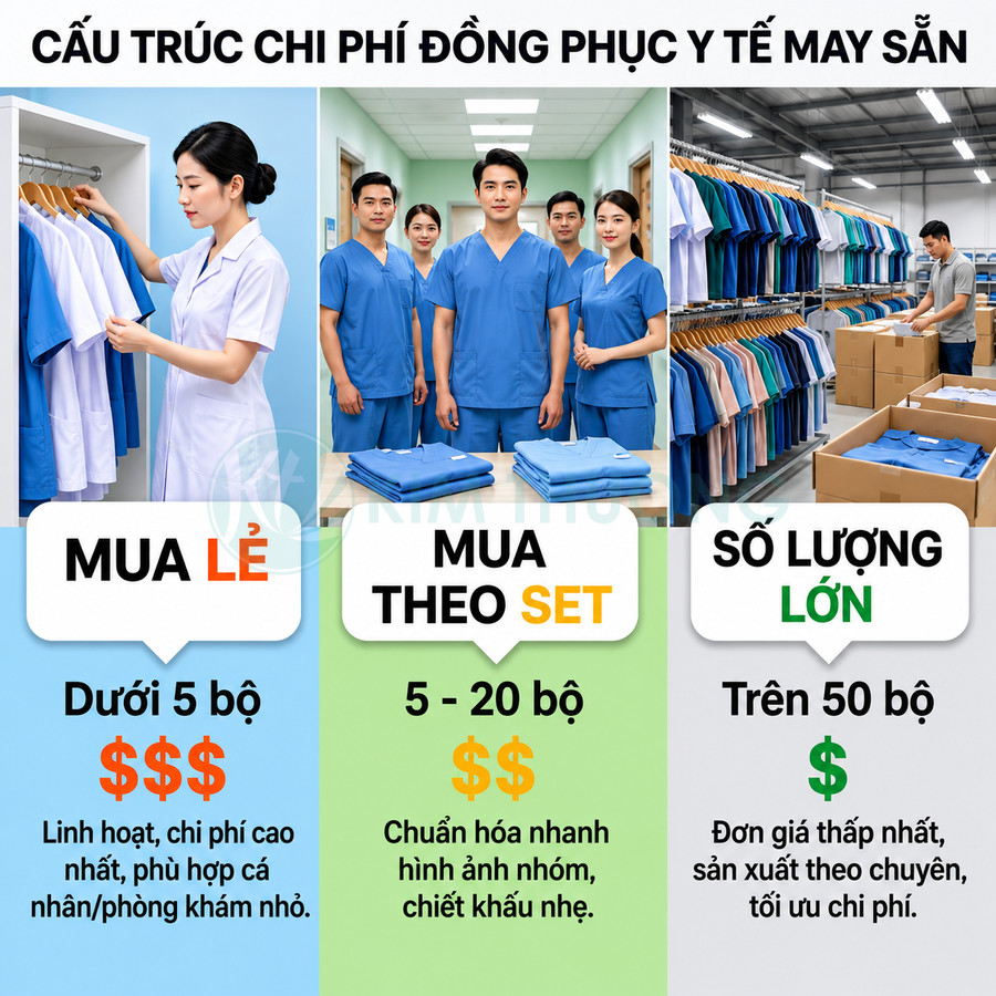 Bảng so sánh chi phí mua đồng phục y tế may sẵn theo mua lẻ, mua theo set và đặt số lượng lớn