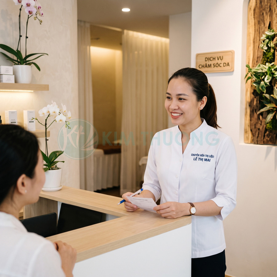 Chuyên viên chăm sóc da tư vấn khách hàng tại quầy lễ tân spa Kim Thương