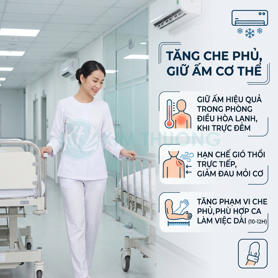 Điều dưỡng đẩy giường bệnh trong phòng điều hòa, quảng bá sản phẩm giữ ấm cơ thể khi làm việc ca đêm
