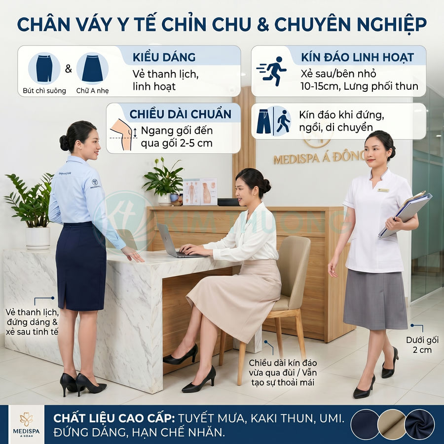 Chân váy y tế công sở cho nhân viên spa màu xanh, be và xám, dáng bút chì và chữ A, chất liệu cao cấp
