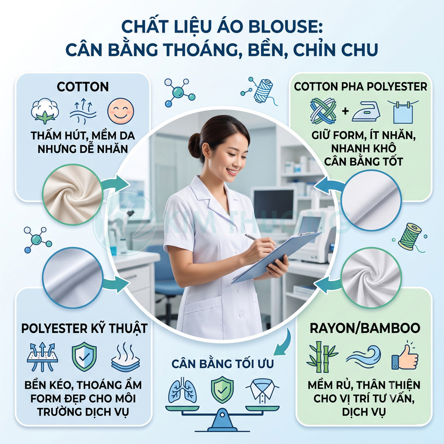 Áo blouse nữ màu trắng trong phòng khám, minh họa các chất liệu cotton, polyester, rayon bamboo và cotton pha polyester
