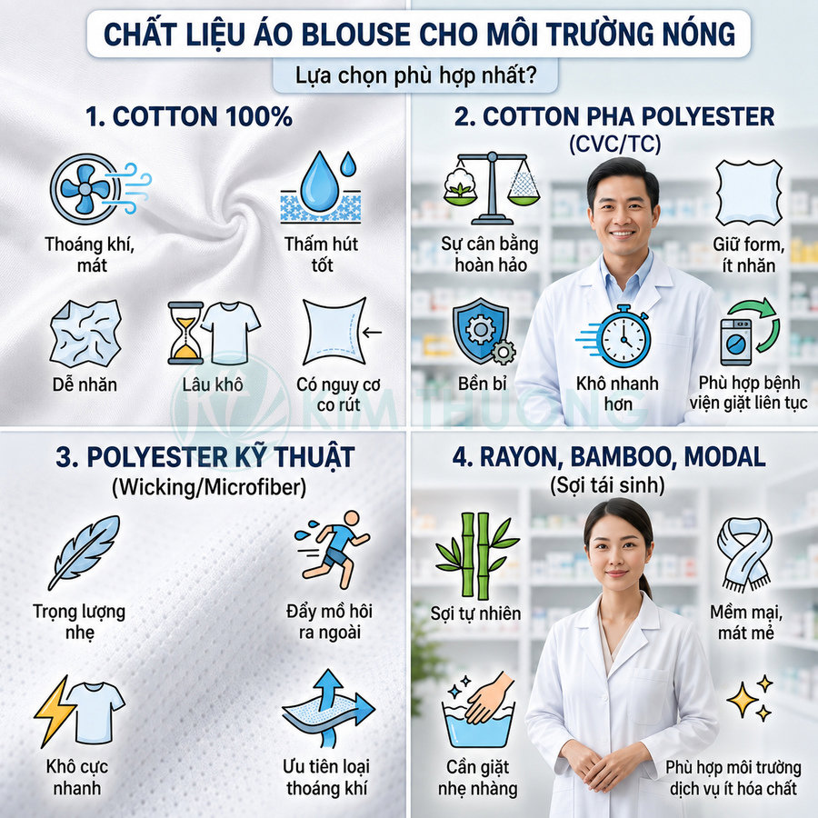 Bảng so sánh chất liệu áo blouse cho môi trường nóng với bác sĩ mặc áo blouse trắng