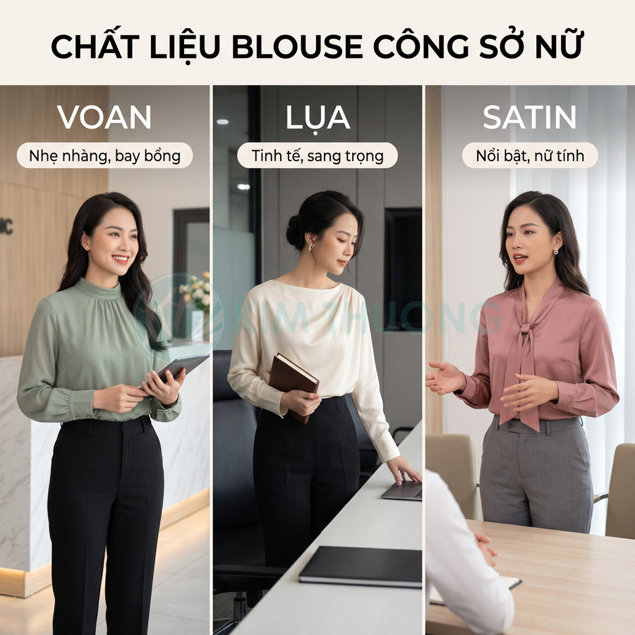 Blouse công sở nữ chất liệu voan, lụa, satin với thiết kế thanh lịch cho môi trường văn phòng