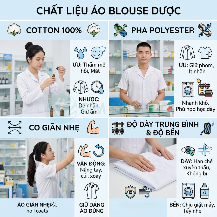 Áo blouse dược sĩ chất liệu cotton và pha polyester, co giãn nhẹ, dày vừa, bền, giữ phom đẹp, phù hợp môi trường y tế
