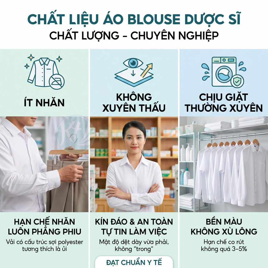 Áo blouse dược sĩ trắng chất liệu ít nhăn, không xuyên thấu, bền màu chịu giặt thường xuyên đạt chuẩn y tế