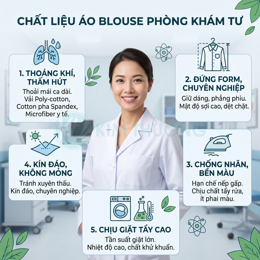 Áo blouse phòng khám tư cho nữ bác sĩ, chất liệu thoáng khí, đứng form, chống nhăn và chịu giặt tẩy cao