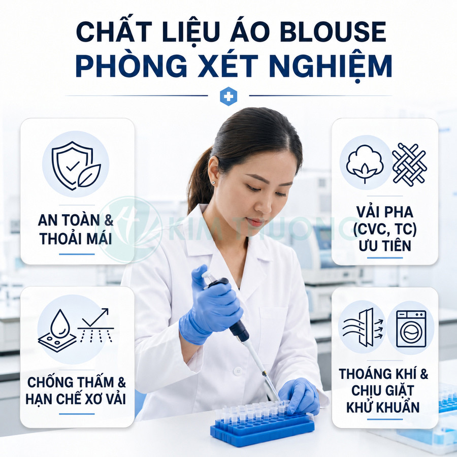Nhân viên xét nghiệm mặc áo blouse phòng lab trắng, găng tay xanh đang dùng micropipette thao tác với ống nghiệm