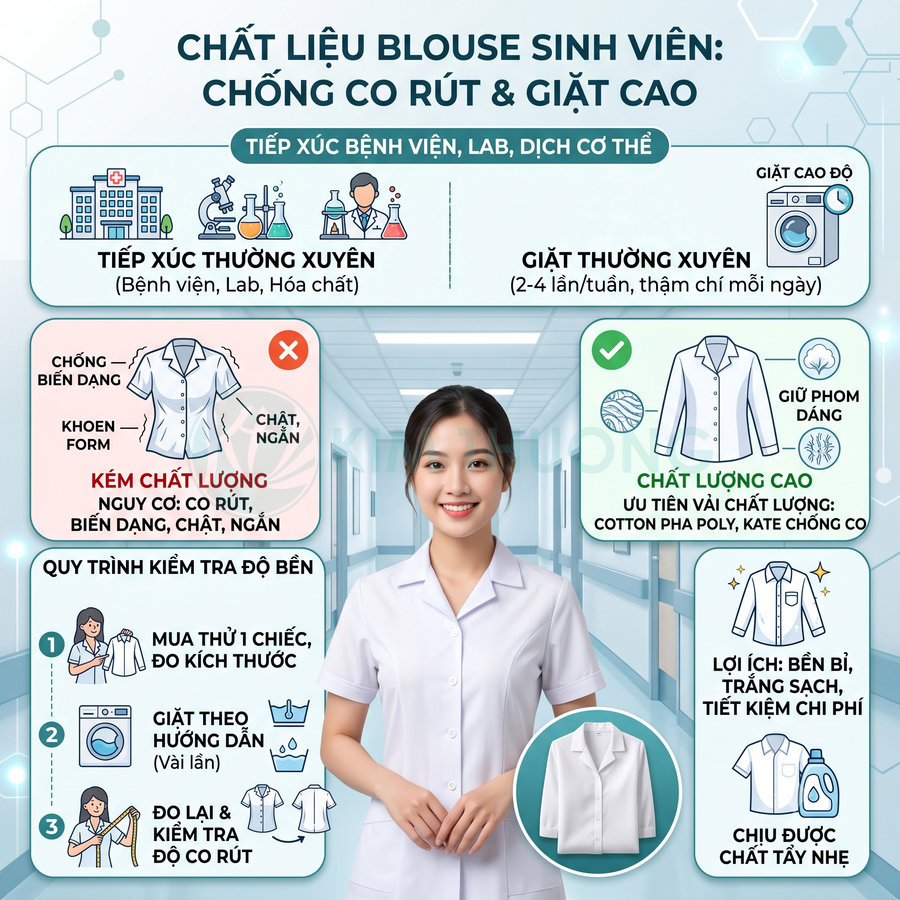 Blouse sinh viên y khoa màu trắng chất liệu chống co rút giữ phom dáng, bền đẹp khi giặt và tiếp xúc hóa chất