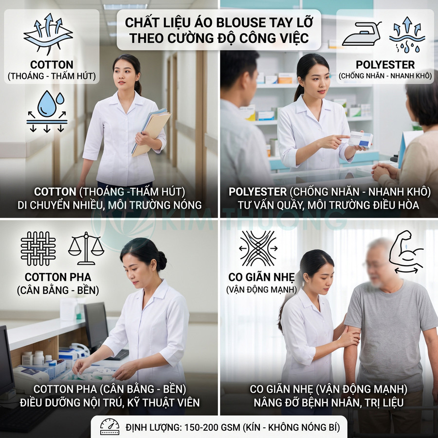 Áo blouse tay lỡ cho nhân viên y tế với các chất liệu cotton, polyester, cotton pha và co giãn nhẹ phù hợp từng công việc