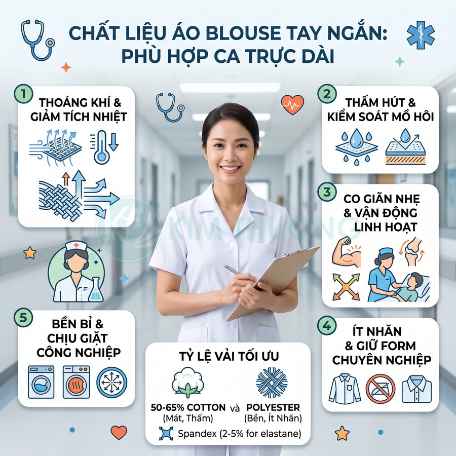 Áo blouse tay ngắn cho y tá với chất liệu cotton polyester thoáng khí, thấm hút mồ hôi, co giãn và ít nhăn