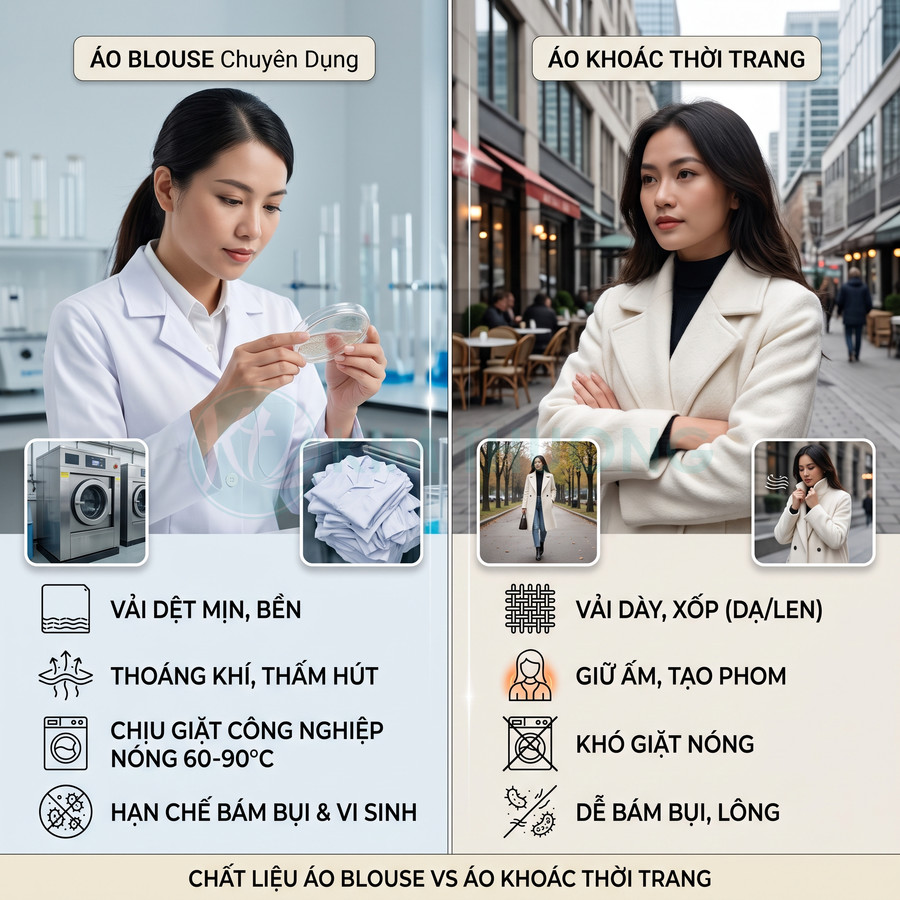 So sánh áo blouse chuyên dụng phòng thí nghiệm và áo khoác thời trang dạ len cho nữ