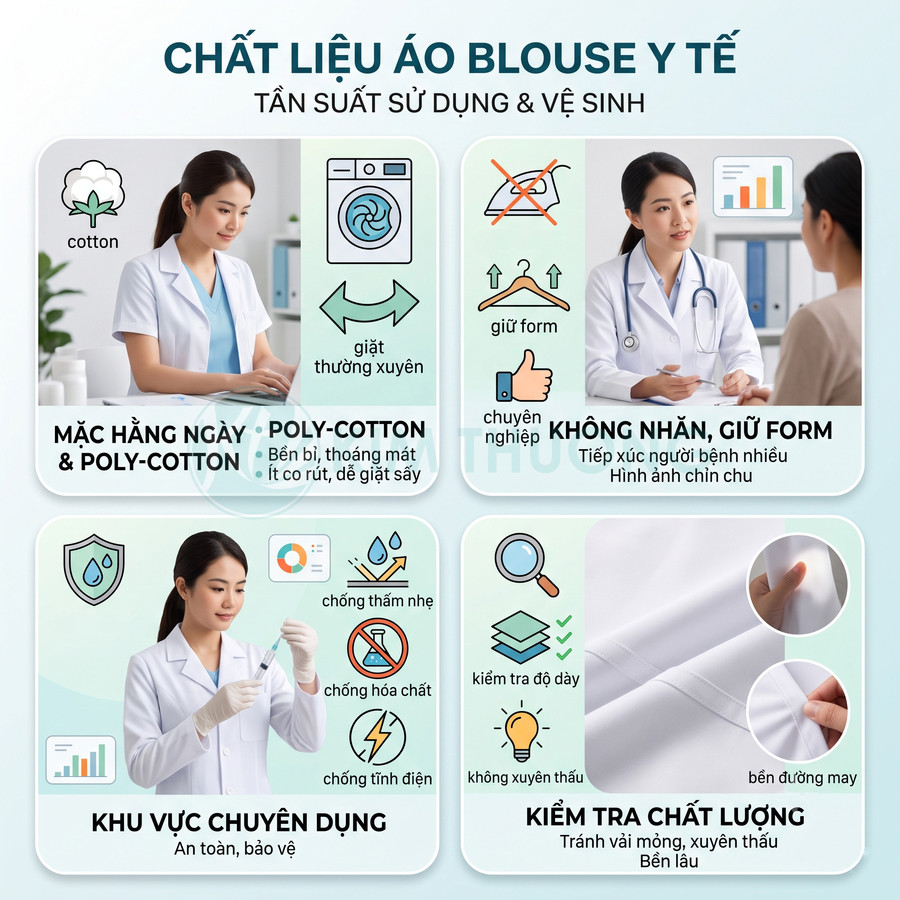 Infographic giới thiệu chất liệu áo blouse y tế poly cotton, chống nhăn, chống thấm, bền màu và an toàn cho bác sĩ