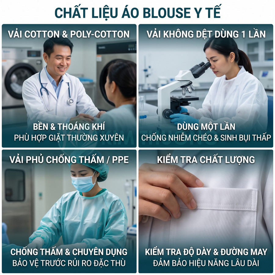 Các loại áo blouse y tế với chất liệu cotton, vải không dệt, PPE và kiểm tra độ dày đường may đảm bảo an toàn