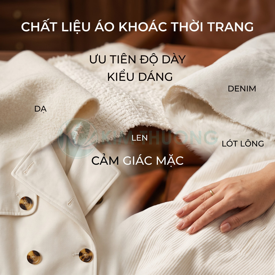 Các loại chất liệu áo khoác thời trang màu kem gồm dạ, len, denim và lót lông cao cấp