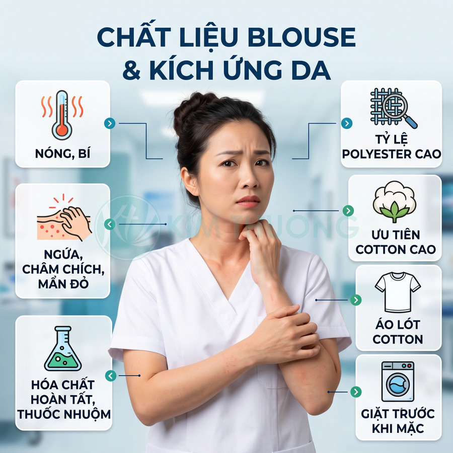 Nữ nhân viên y tế mặc áo blouse trắng bị ngứa da, minh họa tác động chất liệu vải và gợi ý chọn cotton