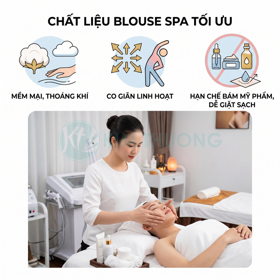Blouse spa màu trắng chất liệu mềm mại thoáng khí co giãn tốt hạn chế bám mỹ phẩm cho nhân viên chăm sóc da
