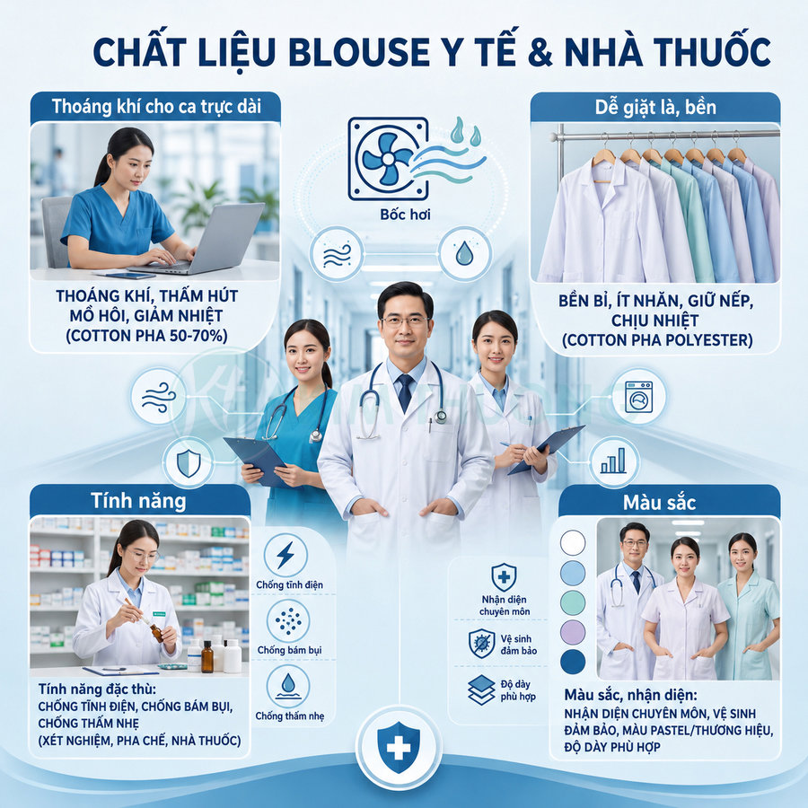 Blouse y tế và đồng phục nhà thuốc cotton pha polyester, thoáng khí, bền màu, ít nhăn cho bác sĩ dược sĩ