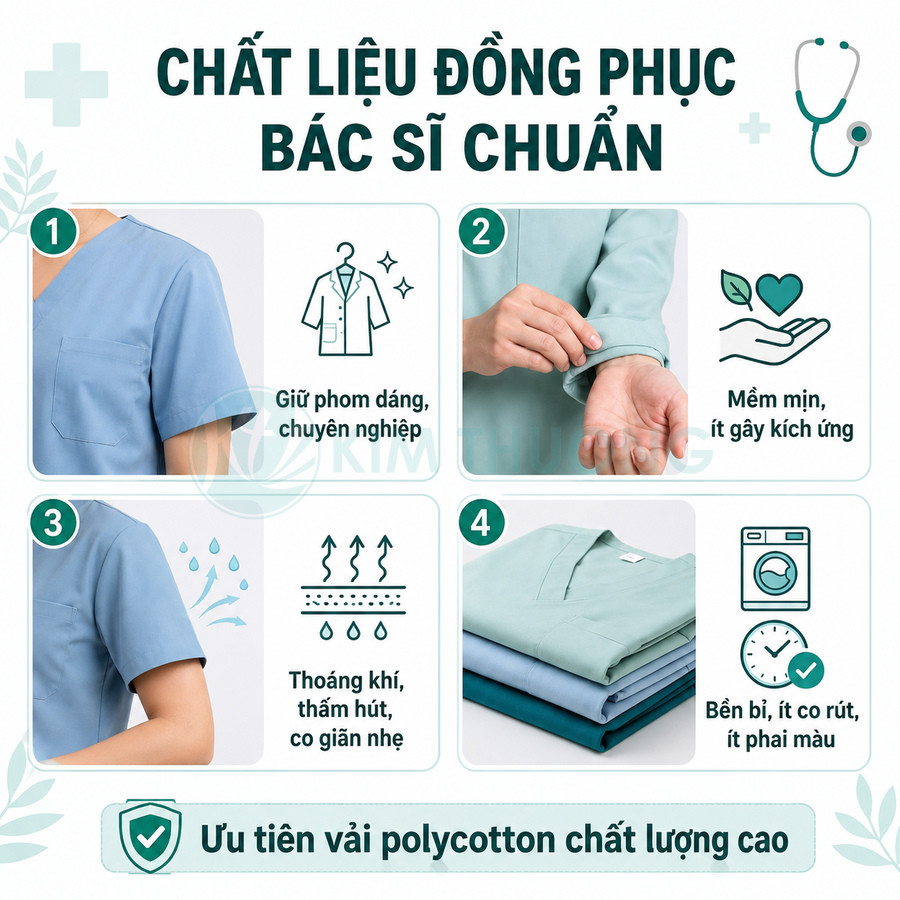 Đồng phục bác sĩ vải polycotton màu xanh, mềm mịn, thoáng khí, giữ phom dáng và bền màu