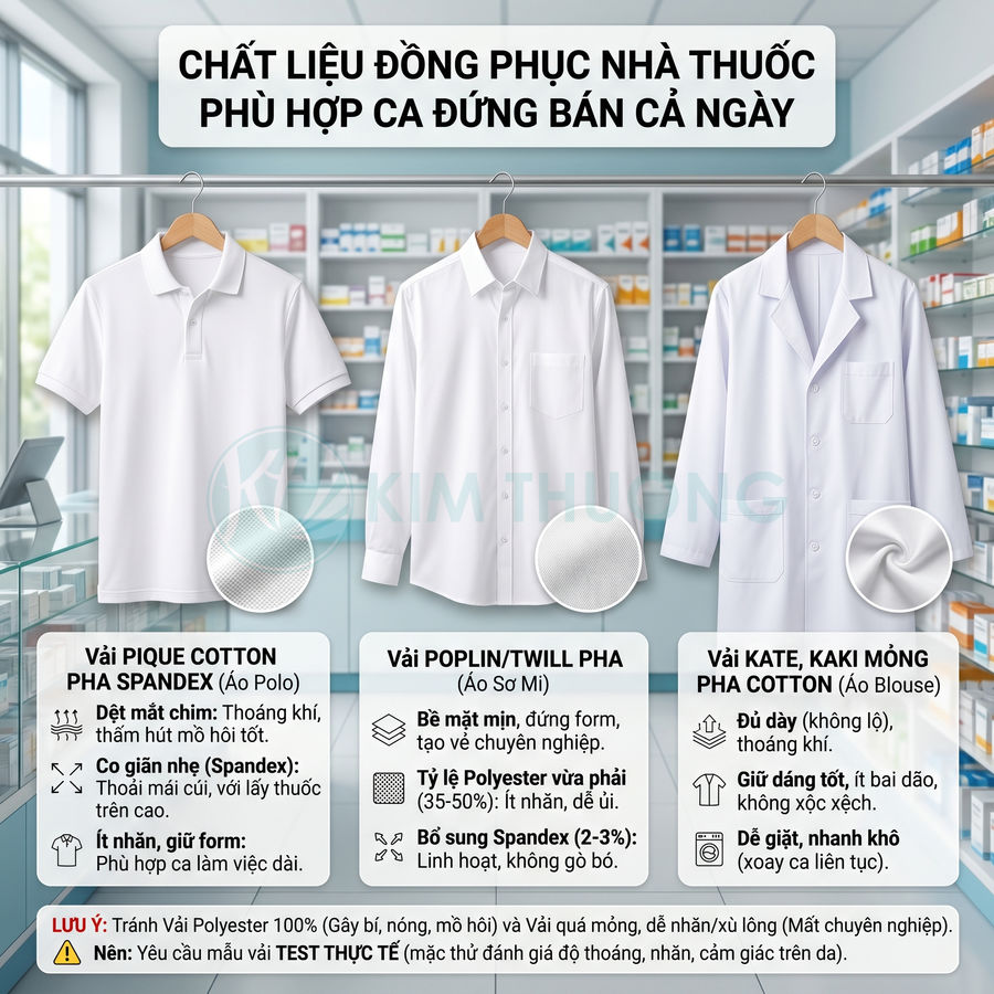 Các mẫu áo đồng phục nhà thuốc màu trắng gồm áo polo, áo sơ mi và áo blouse treo trong quầy thuốc