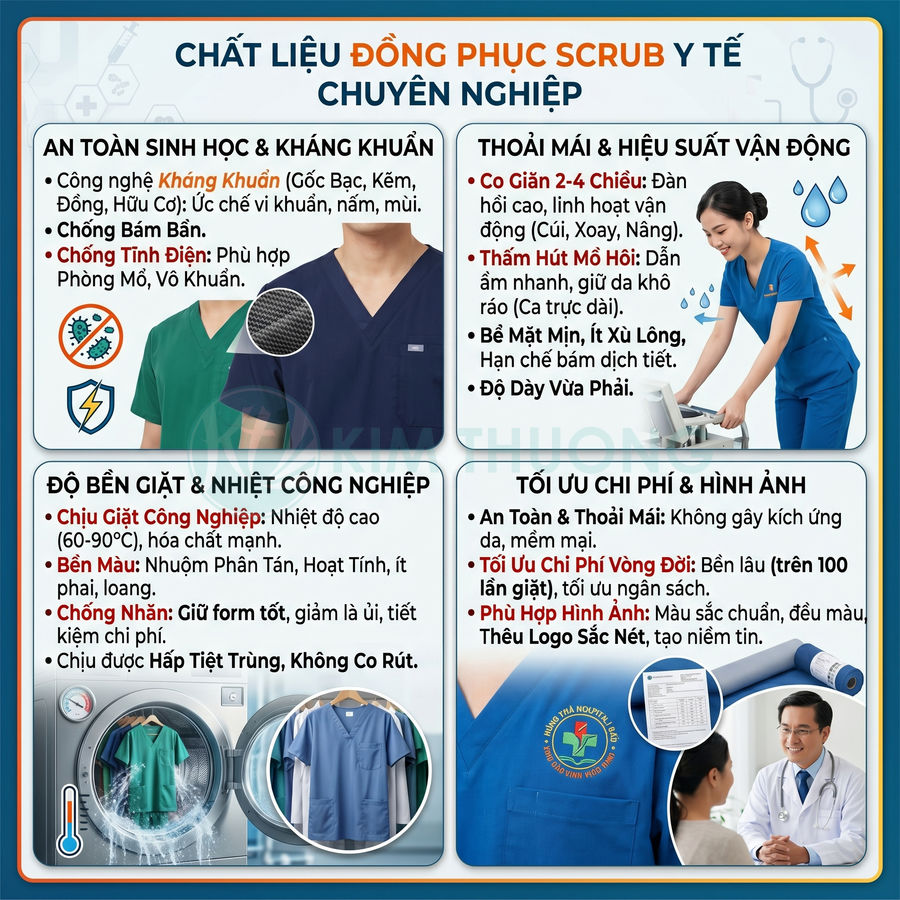 Đồng phục scrub y tế chuyên nghiệp màu xanh cho bác sĩ, y tá với chất liệu kháng khuẩn, co giãn thoải mái