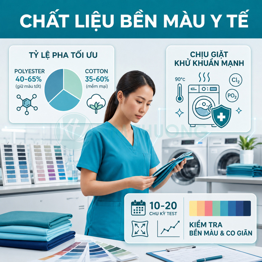 Đồng phục y tá màu xanh dương chất liệu bền màu, nhân viên y tế xem bảng màu vải trong phòng giặt ủi
