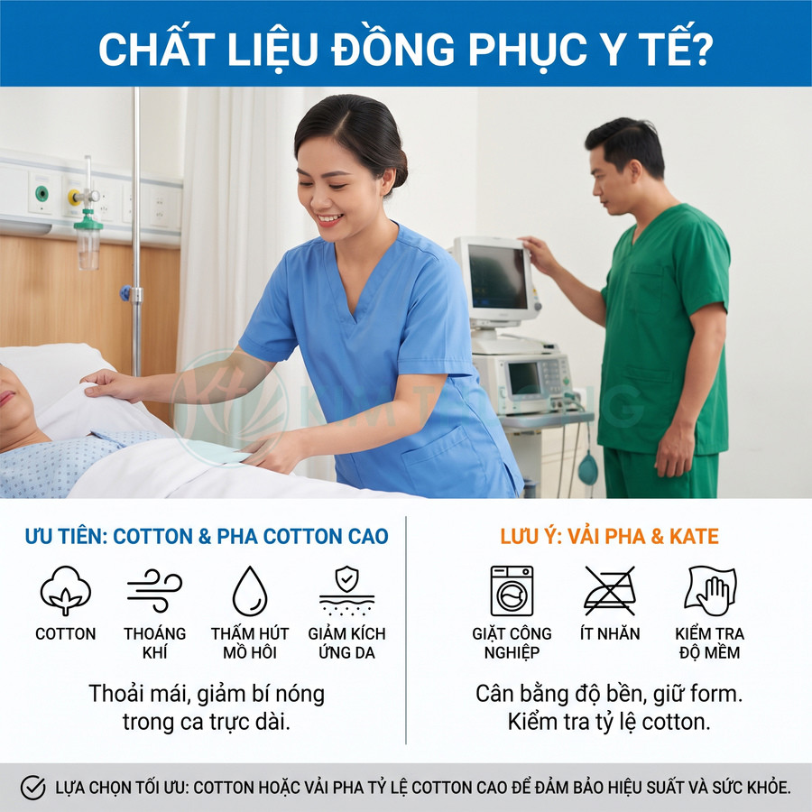 Đồng phục y tế màu xanh, ưu tiên chất liệu cotton hoặc vải pha có tỷ lệ cotton cao, thoáng khí và thấm hút mồ hôi.