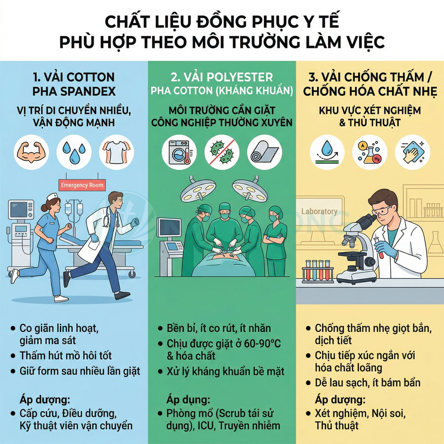 Infographic chất liệu vải đồng phục y tế cotton spandex polyester và vải chống thấm cho từng môi trường làm việc