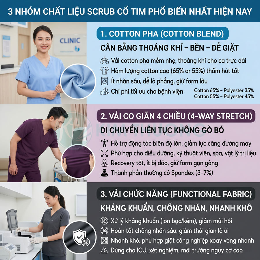 Các loại vải may đồ scrub y tế: cotton pha, vải co giãn 4 chiều và vải chức năng cho bác sĩ điều dưỡng