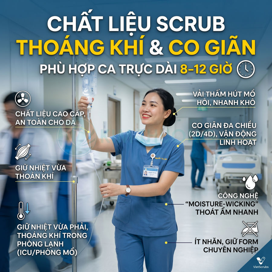 Đồng phục y tá VietScrubs chất liệu scrub thoáng khí co giãn, thấm hút mồ hôi nhanh khô, giữ form chuyên nghiệp