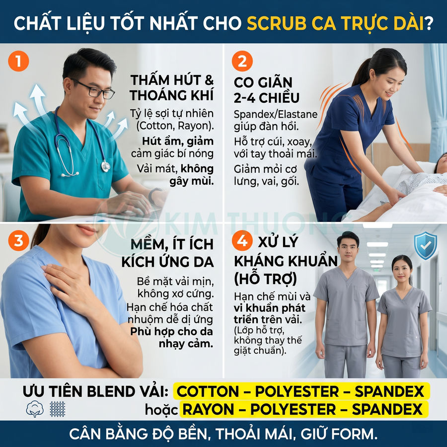 Đồng phục scrub y tế cotton polyester spandex cho ca trực dài, thấm hút tốt, co giãn, mềm da và hỗ trợ kháng khuẩn