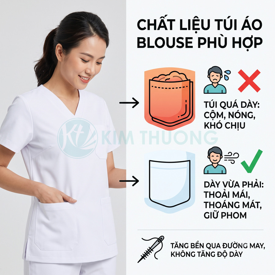 Đồng phục y tá Kim Thương màu trắng với túi áo blouse vải mỏng vừa phải, thoáng mát và giữ phom