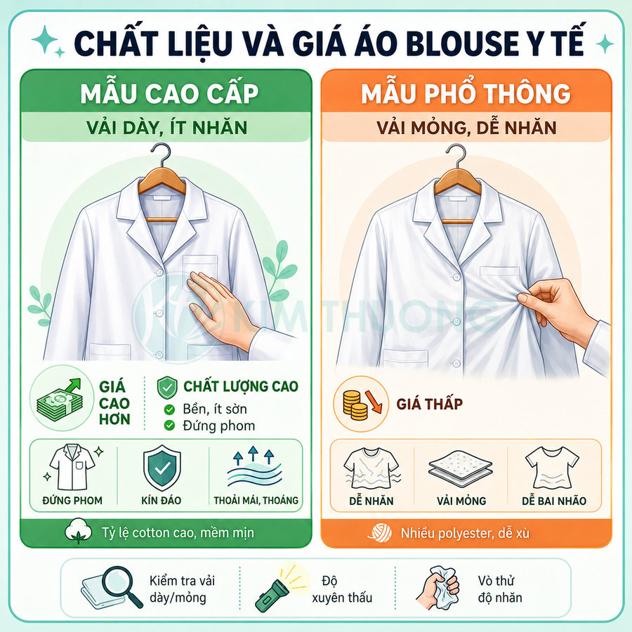 So sánh áo blouse y tế cao cấp vải dày ít nhăn và áo blouse phổ thông vải mỏng dễ nhăn
