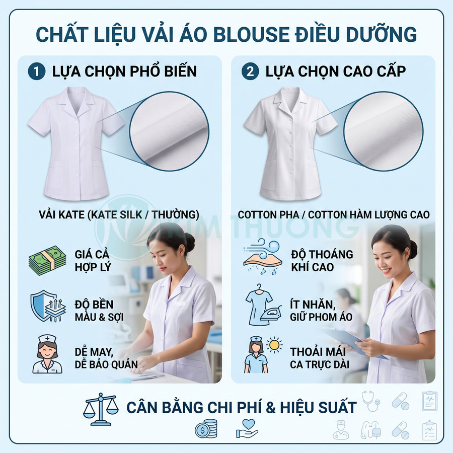 So sánh chất liệu vải áo blouse điều dưỡng, mẫu áo trắng tay ngắn cho y tá và nhân viên y tế