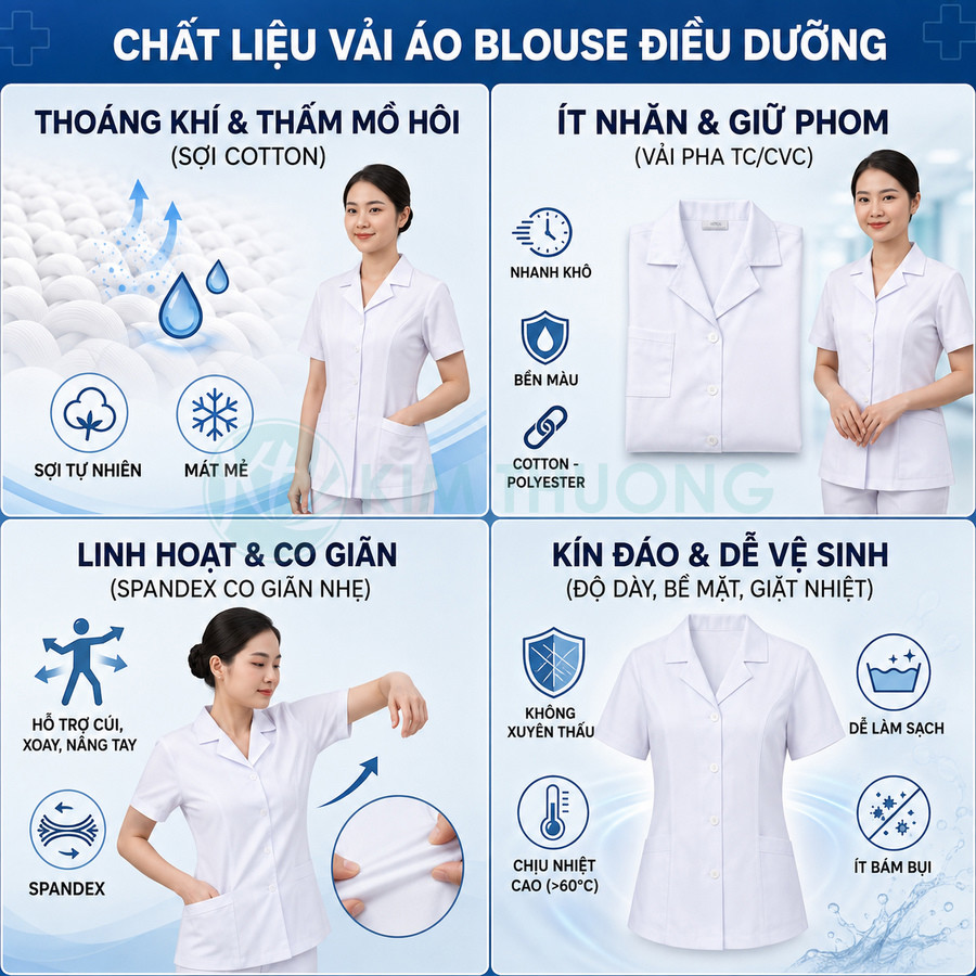 Áo blouse điều dưỡng nữ màu trắng chất liệu cotton pha spandex thoáng khí co giãn ít nhăn giữ phom kín đáo dễ vệ sinh