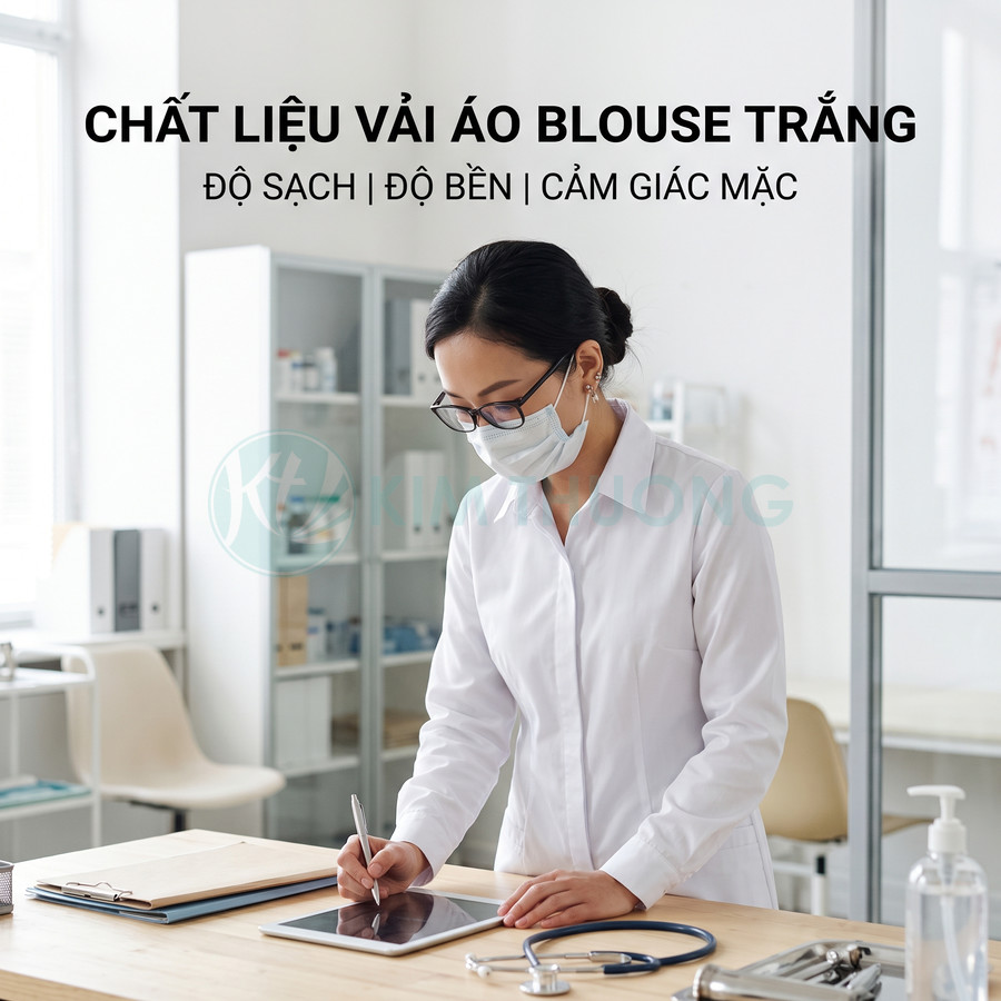 Bác sĩ nữ mặc áo blouse trắng dài tay đứng trong phòng khám hiện đại sử dụng máy tính bảng