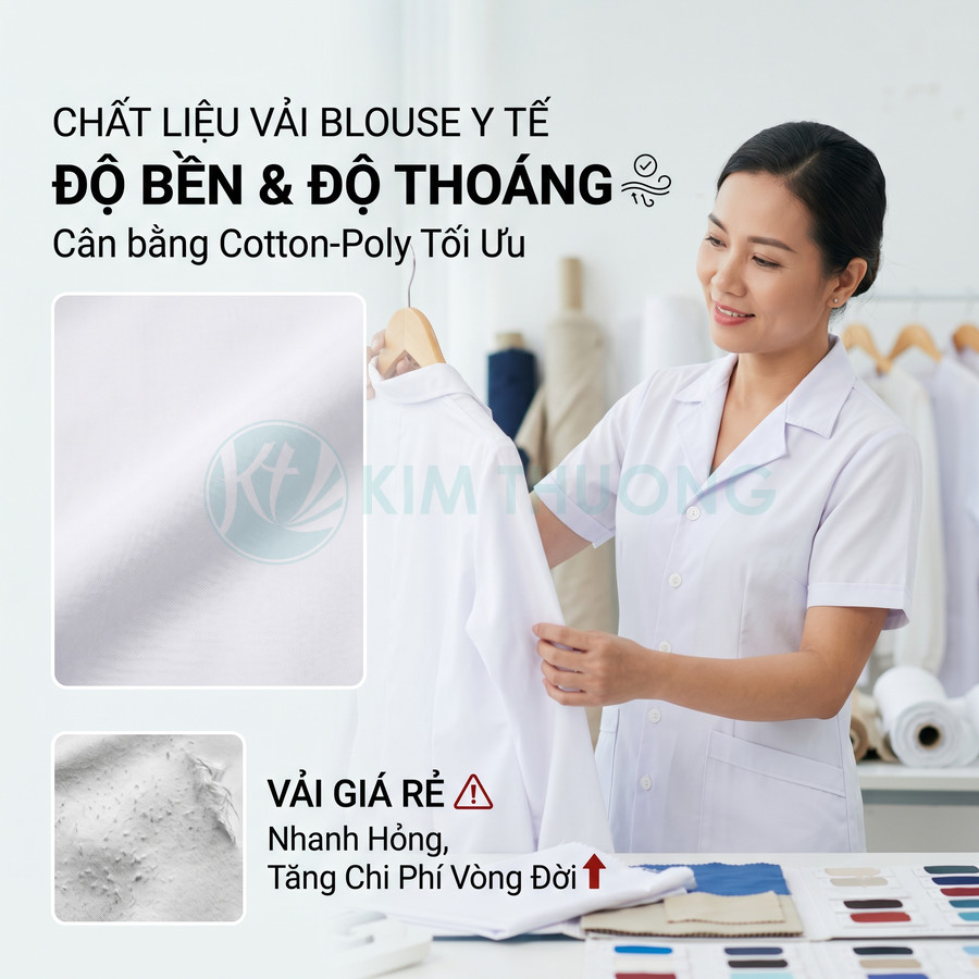 Chất liệu vải blouse y tế cotton poly bền thoáng, nữ nhân viên kiểm tra áo blouse trắng trên móc treo